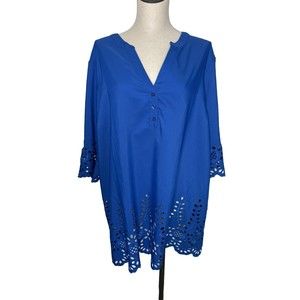Women's Tunic Top Blue Blouse Laser Cut Out Lacy Pullover V-Neck Blair Sz 2XL